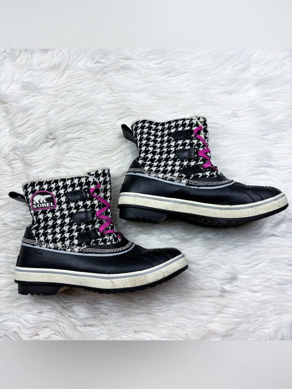 Sorel Tivoli Houndstooth Waterproof Winter Snow Fleece Duck Boot Black Pink